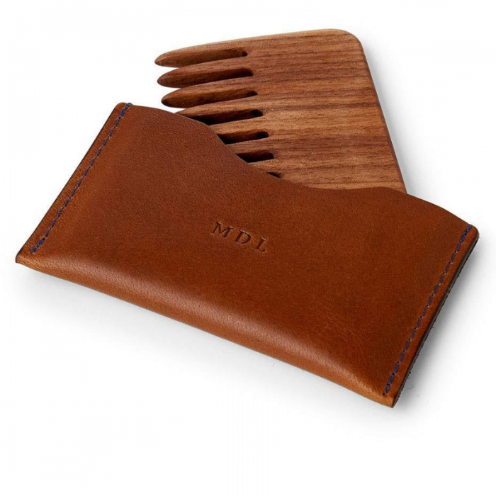 Personalised Wood Beard Comb and Leather Pouch