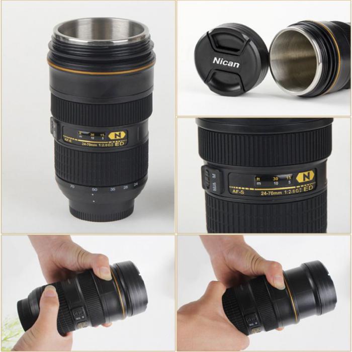 Sornean Coffee/Tea Mug Camera Lens Travel Thermos Stainless Steel Insulated Cup